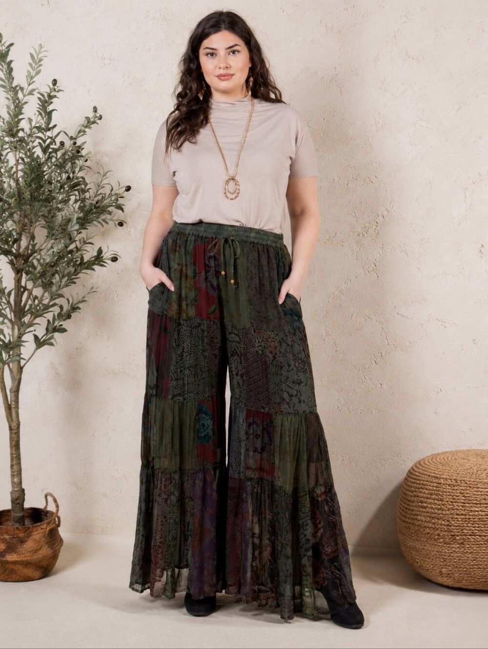 Young Threads Retro Revival Flared Boho Patchwork Pants – Basil